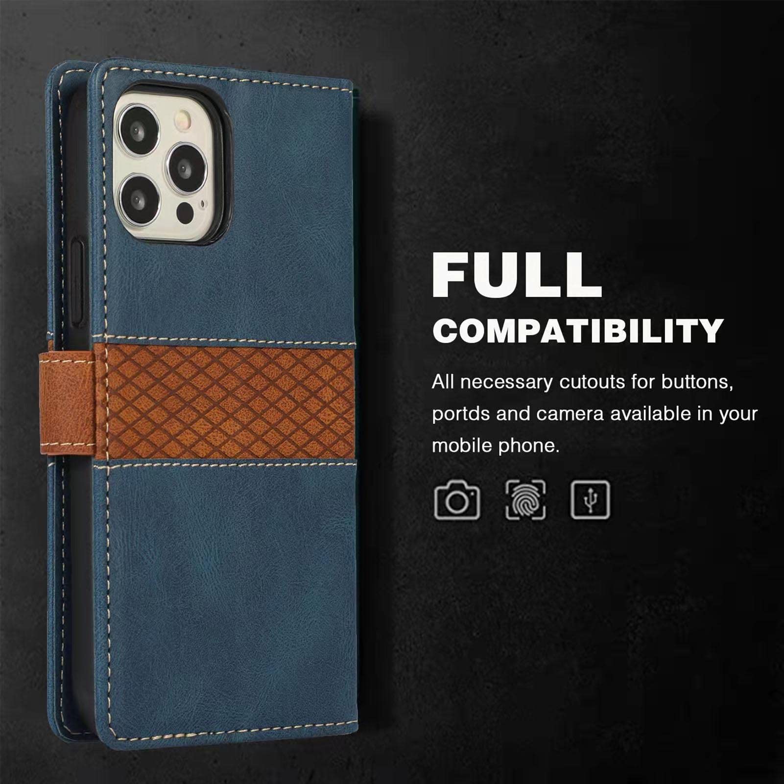 McWaLa Custodia A Portafoglio In Pelle Per IPhone 13 Pro - Con Slot Per Carte, Cinturino Da Polso E Funzione Cavalletto - Blu