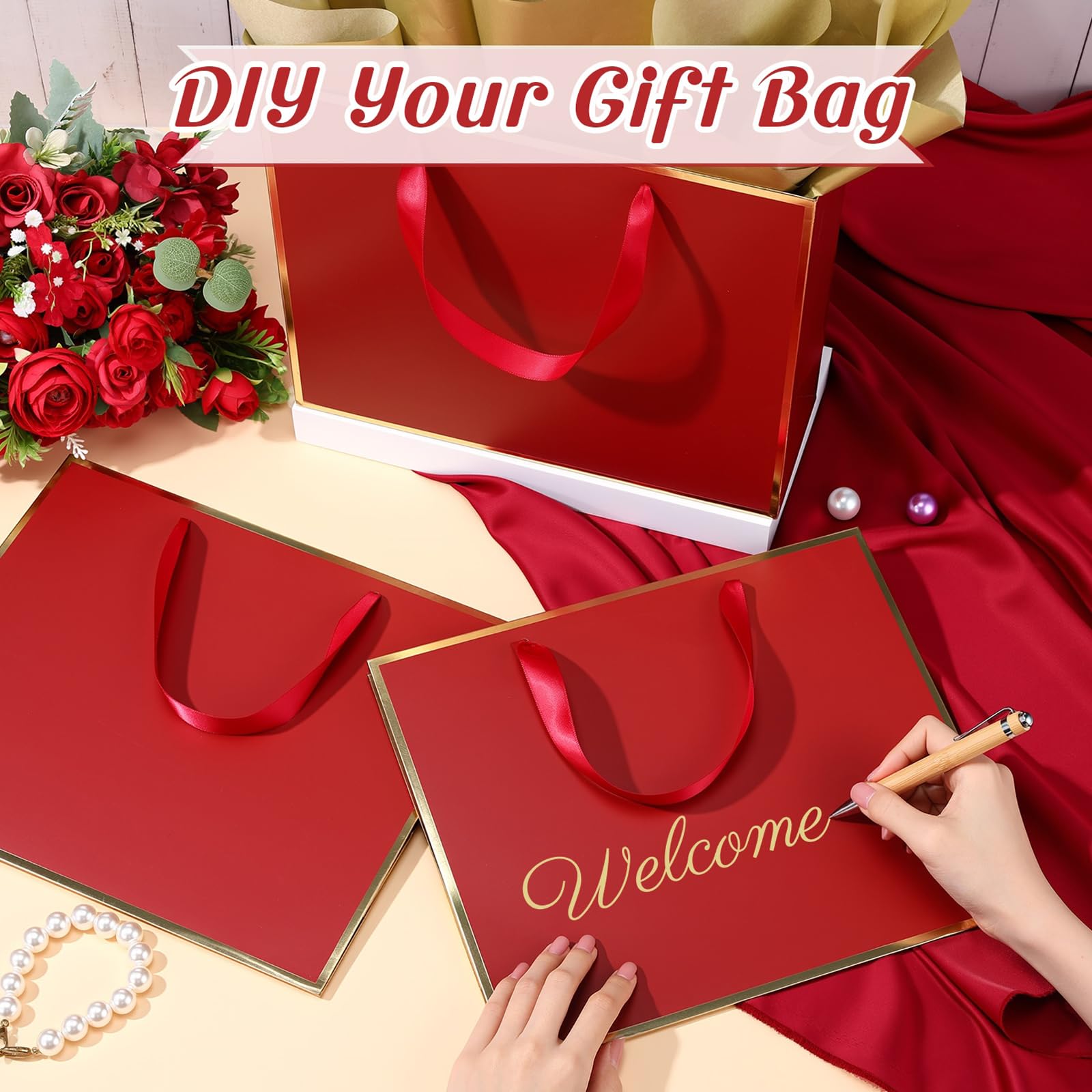 ReliThick 12 Pack Metallic Paper Gift Bag with Handles and Tissue Paper 11.8 x 10 x 4'' Thank You Favor Bag for Graduation Mother's Day Wedding Bridesmaid Groomsman 5 Senses Gifts (Burgundy Red,Gold)