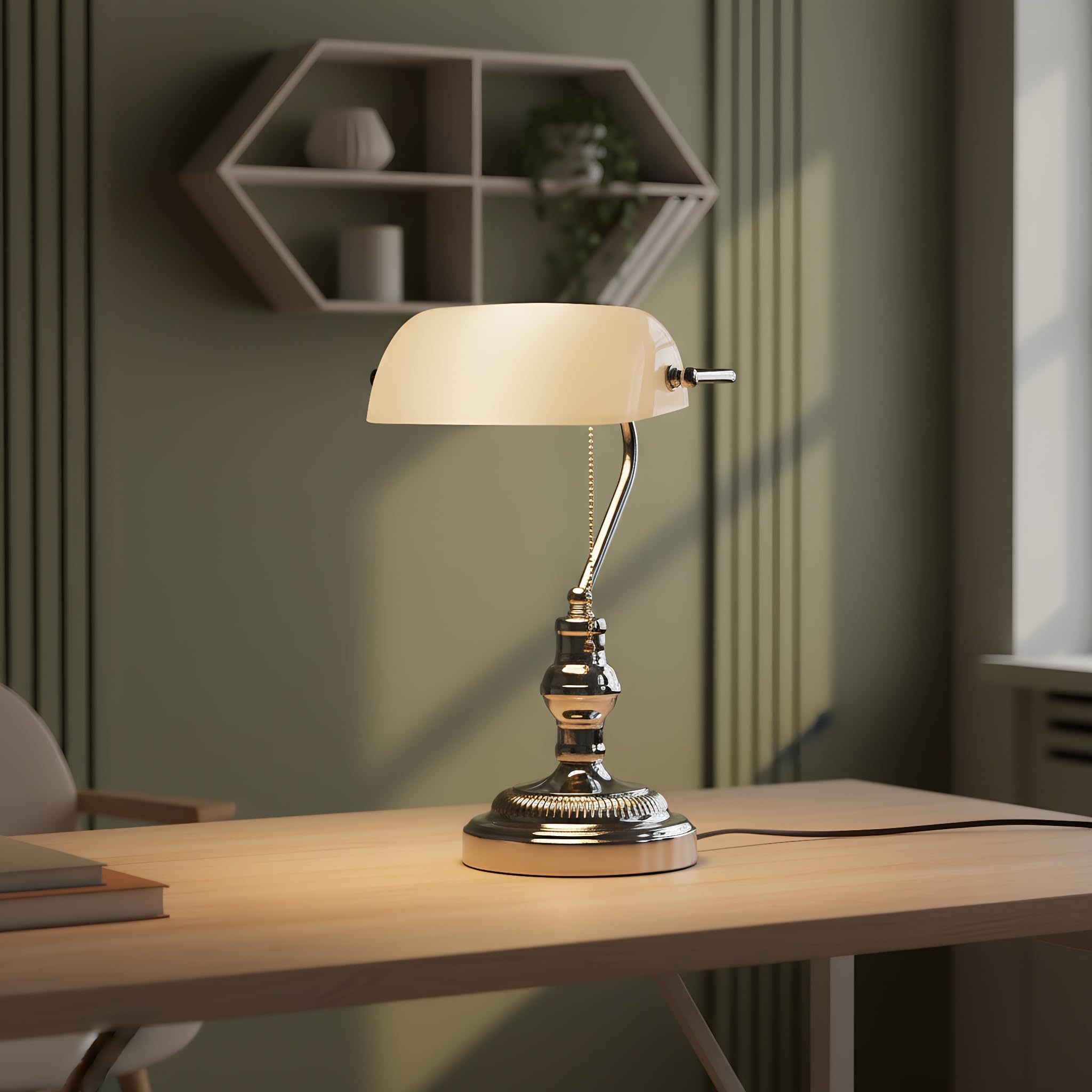 BARCELONA LED - Lampada da tavolo vintage "BANKER" con paralume bianco - Base cromata - Lampada da scrivania classica per ufficio e studio - Attacco E27