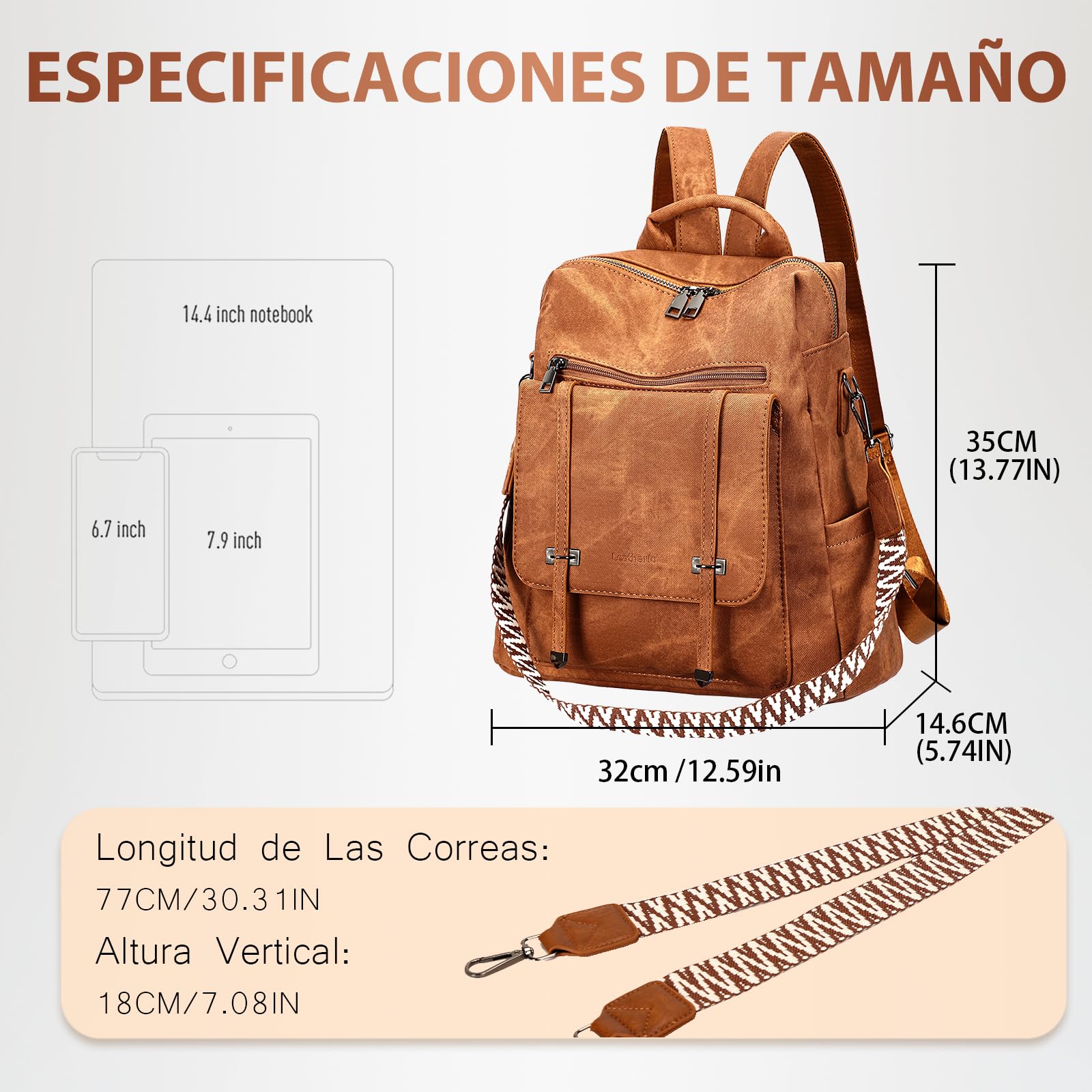 Leathario Mochila Mujer de Cuero PU con Multibolsillos, Mochila Casual y Funcional para Uso Diario, Viajes, Escuela y Universidad Marrón Mate