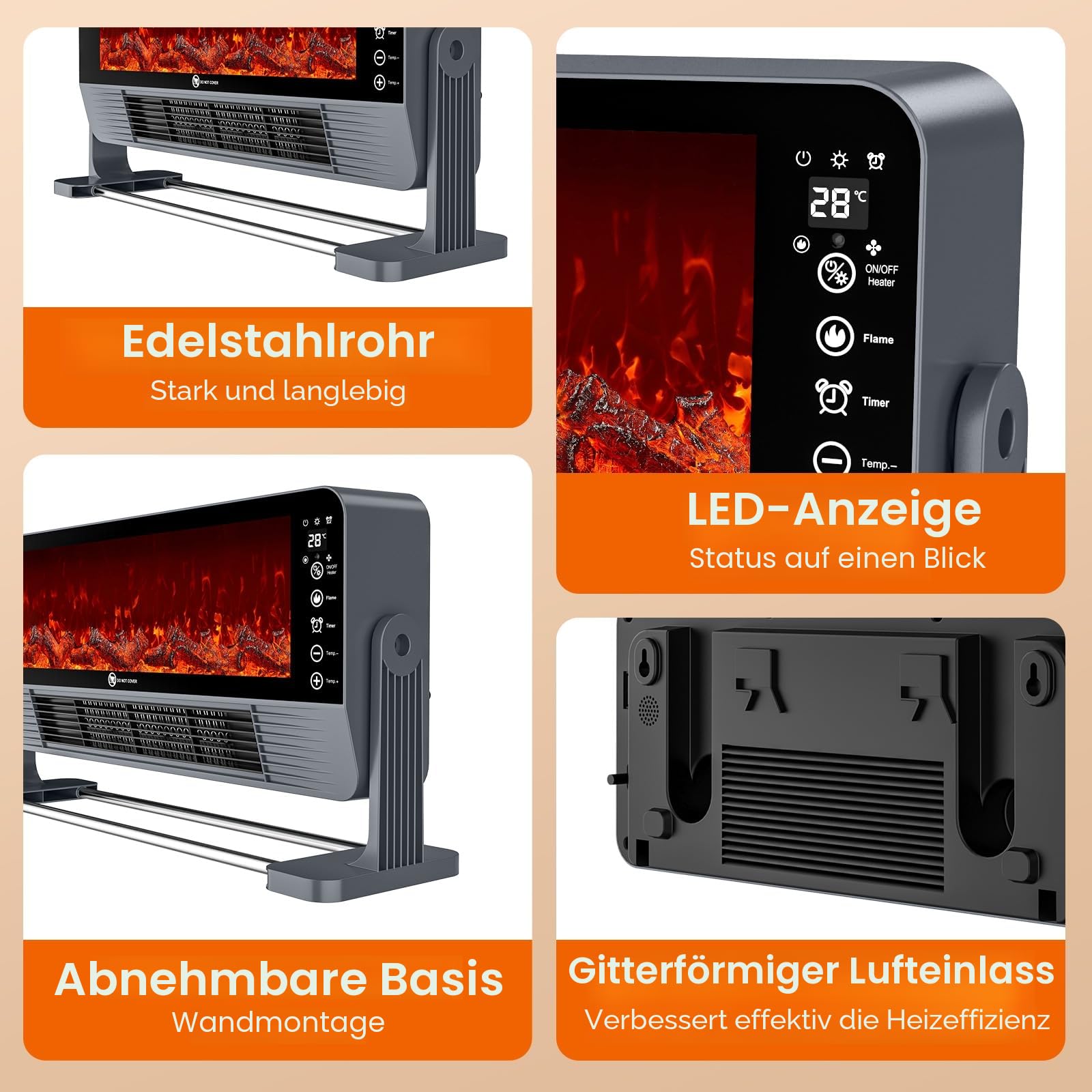 Heizlüfter Energiesparend, 2-in-1 Heizgerät zur Wandmontage für den Schreibtisch, 3 Stufige Temperaturregelung, LED-Touchscreen und Fernbedienung, 12 Stunden Timer, 2000 W schnelles Aufheizen