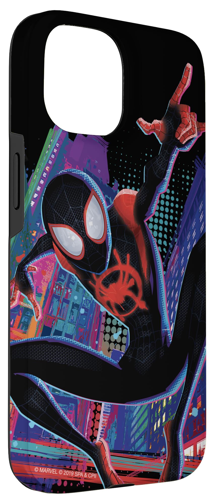 Custodia per iPhone 15 Marvel Spider-Man nella città di Spider-Verse Miles Morales