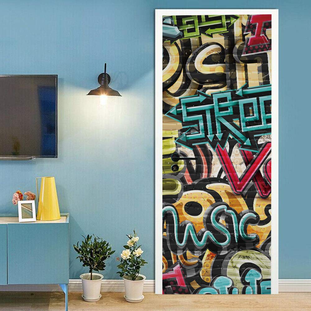 Sticker de porte graffiti 88x200cm pour déco de couloir moderne et habillage escalier
