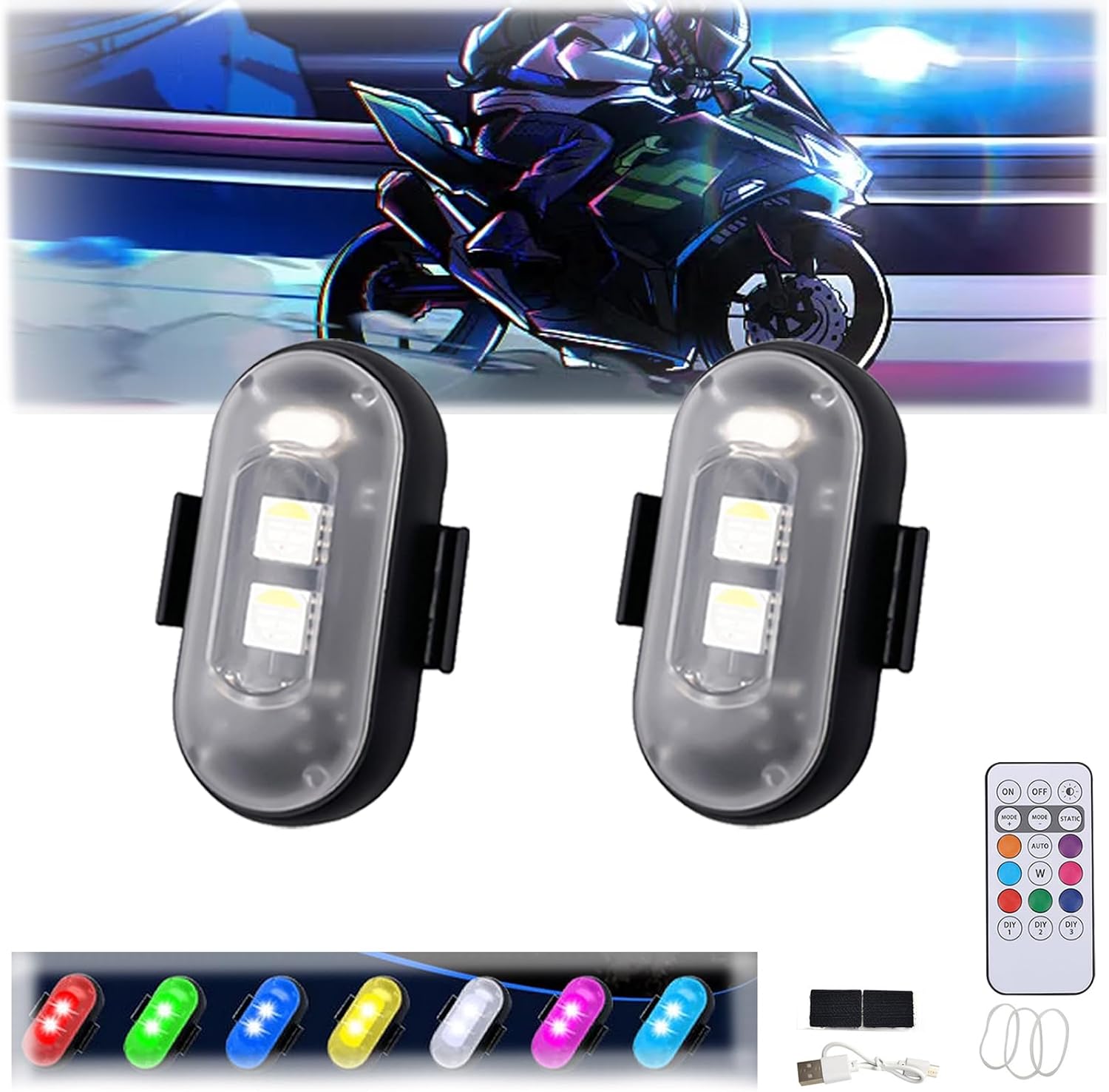 Giftspocket Remote Control Strobe Light, Wireless Led Lights For Car, Colorful Car Led Light, Mini Wireless Strobe Light, 8 Colors Usb Charing Waterproof Drone Strobe Light For Car Motorcycle (2pcs)