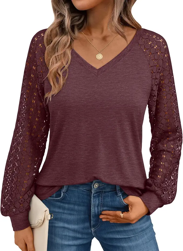 AUTOMET Womens Long Sleeve Shirts V-Neck Lace Tops Business Casual Blouses Tee Trendy 2025 Fall Fashion Outfits Clothes OEKO-TEX STANDARD 100