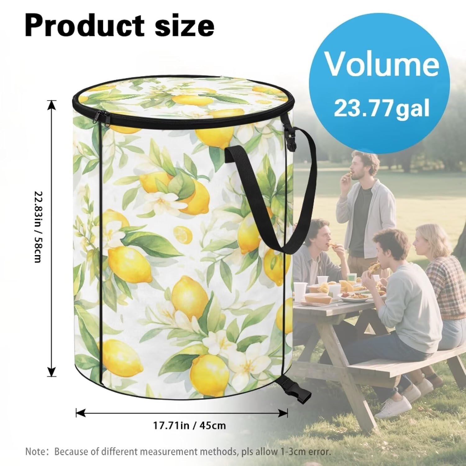 Collapsible Trash Can, 24 Gallons Camping Trash Can with Zippered Lid and Handle, Reusable Garbage Can for Outdoor Yard Waste Bags, Lemon