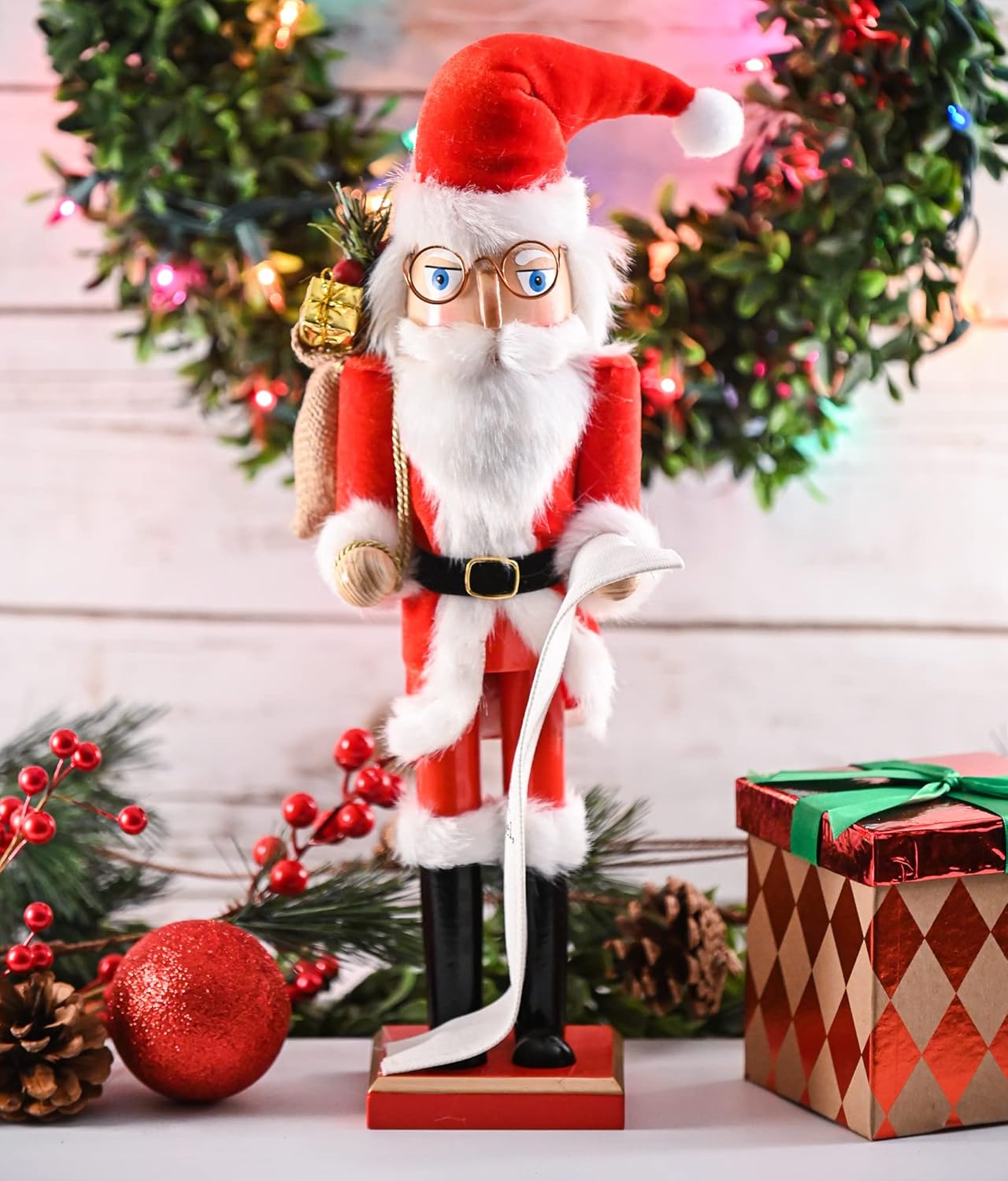 Ornativity Christmas Santa Gift Nutcracker – Wooden Nutcracker Santa Clause with Red Bag of Gifts on Shoulder and List of Names Xmas Traditional Themed Holiday Nut Cracker Doll Figure Decorations 15"