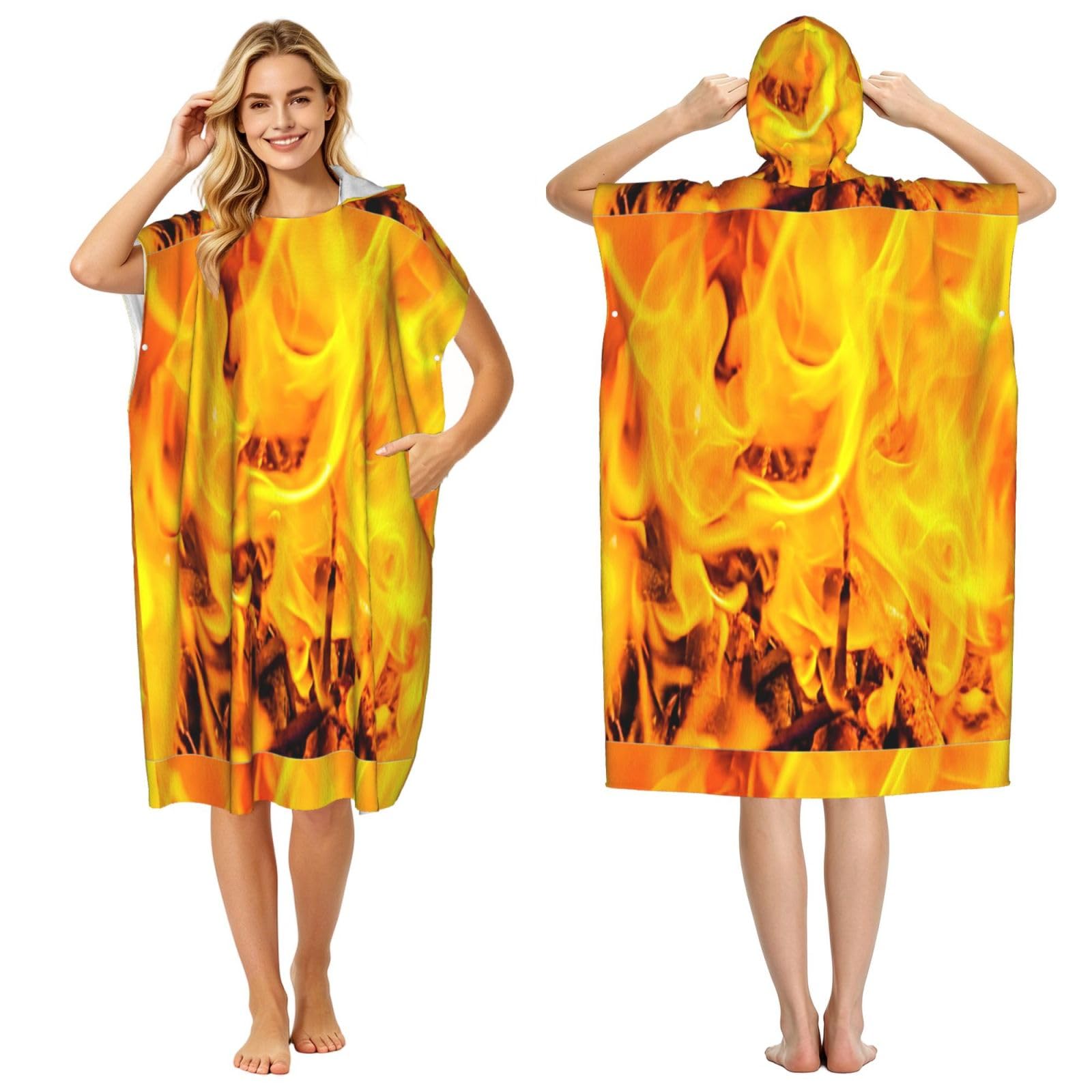 Poadnly Fire And Flames, Adult Hooded Beach Towel 90 x 110 cm,Changing Bath Robe, Surf Poncho Towel For Women Men