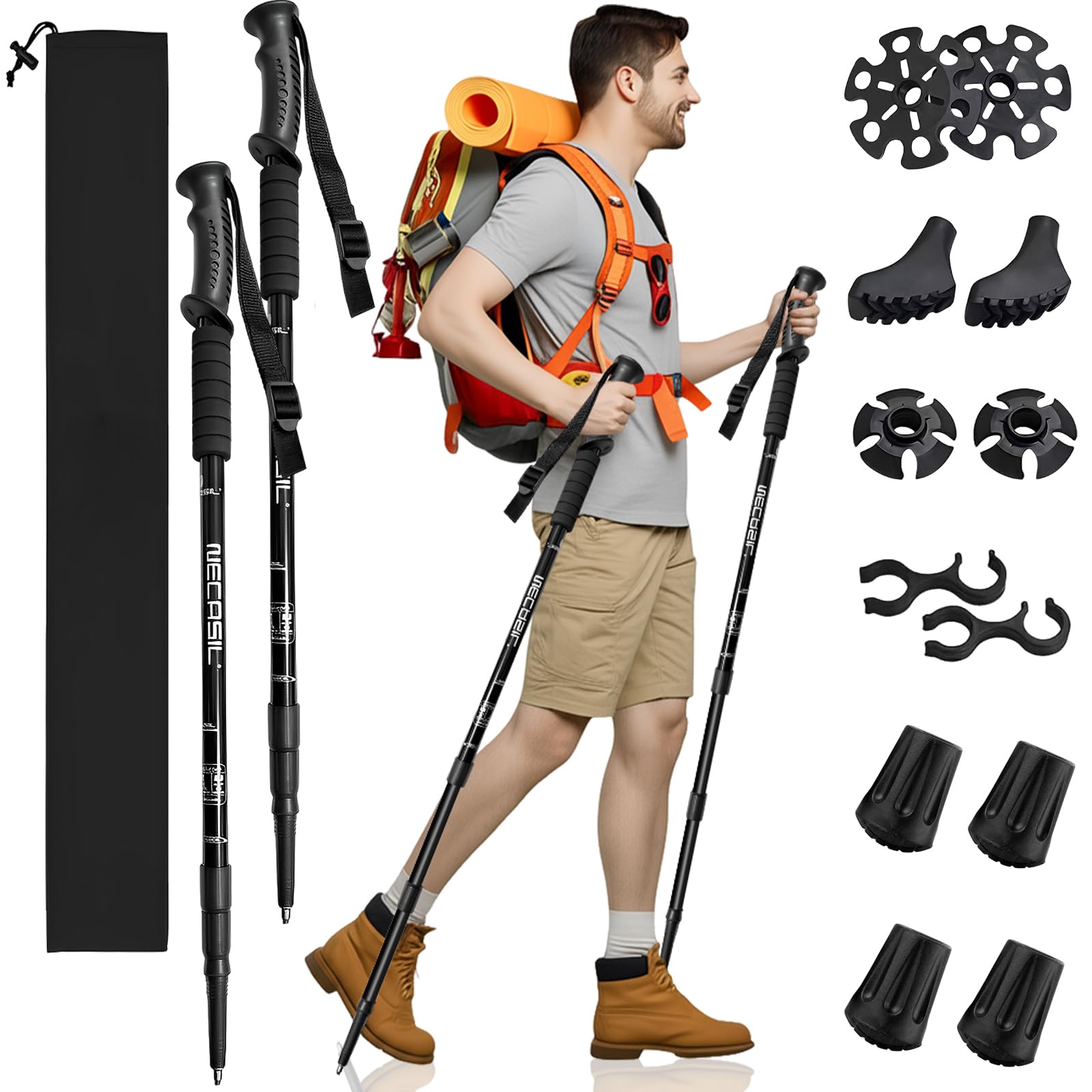 Sebami Bastones Senderismo, Juego de 2 Baston Trekking Retractil Ajustables 135cm con Accesorios Todoterreno, Baston Trekking Plegables para Montañismo, Caminatas, Esquí, Escalar (Negro)