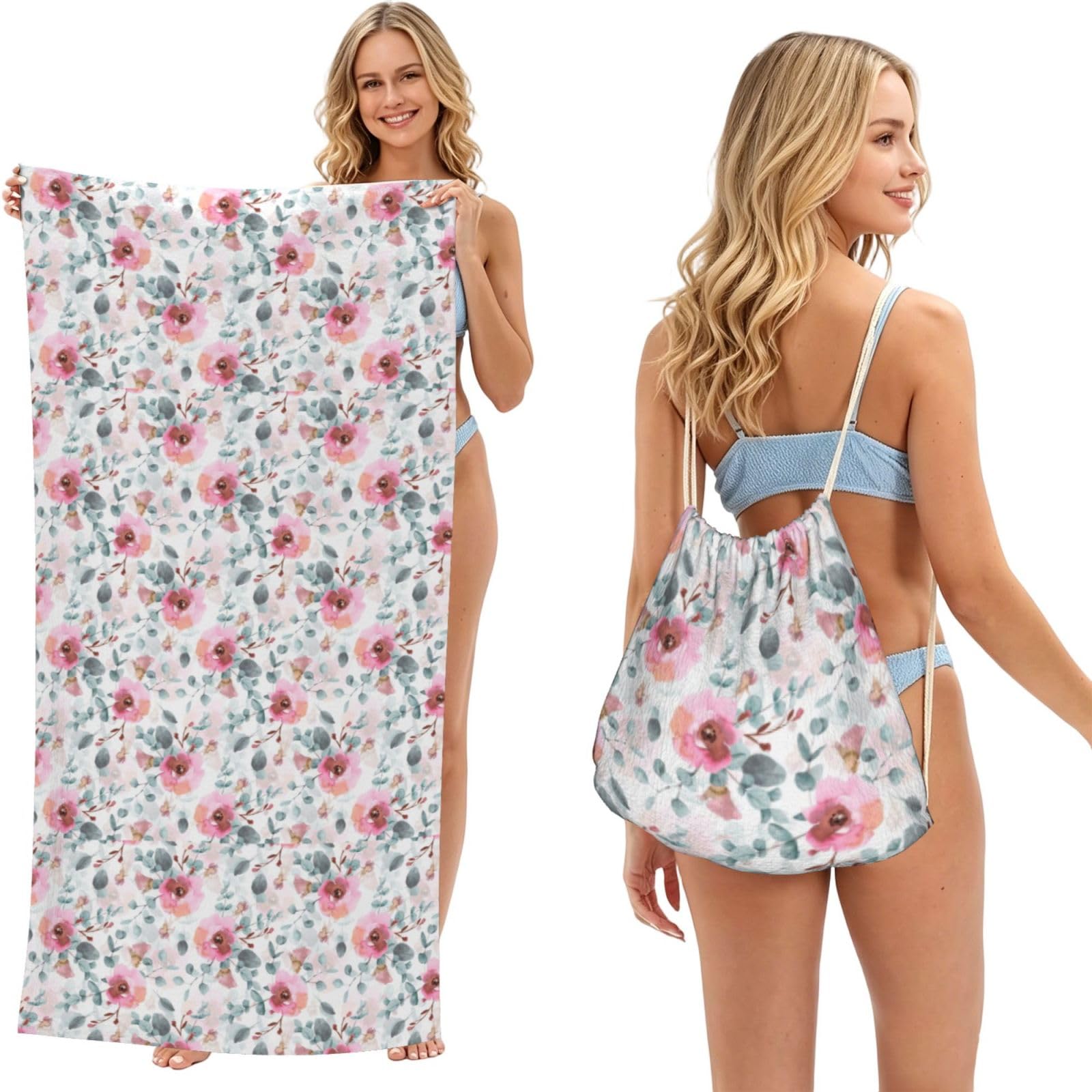 Poadnly As Picture Australian Flora Watercolor Eucalyptus And Blush Flowers, 2 In 1 Packable Towel Bag, Beach Towels With Drawstring Backpack For Travel Holiday Camping
