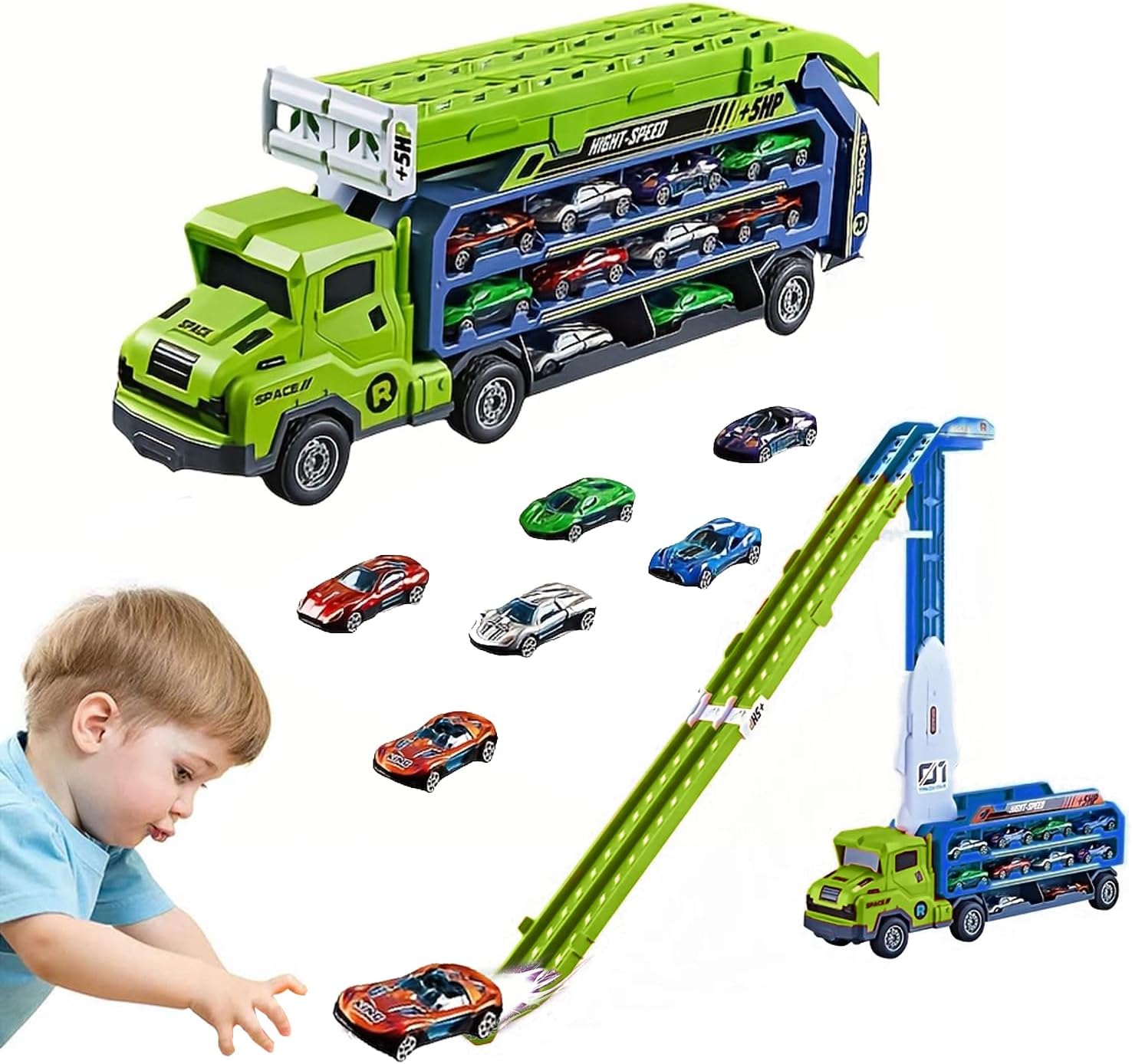 Carrier Truck Transport Toy, Foldable 2-Layer Car Race Track Playset with 33" Track & 6 Metal Cars, Birthday Gift for Boys Ages 3-8 (Green)