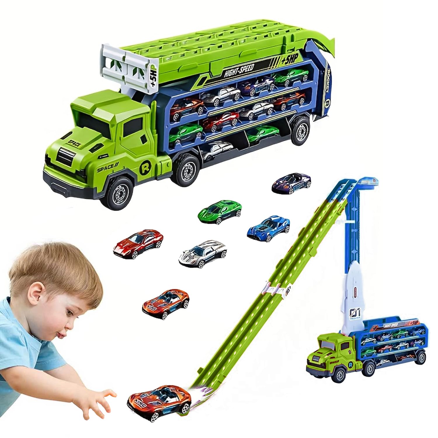 Carrier Truck Toy,33" Foldable 2-Layer Race Track,6 Metal Cars(Green) | Easy to Store and Carry,Birthday Toy Gift for Toddler Boys Girls 3 4 5 6 7 8