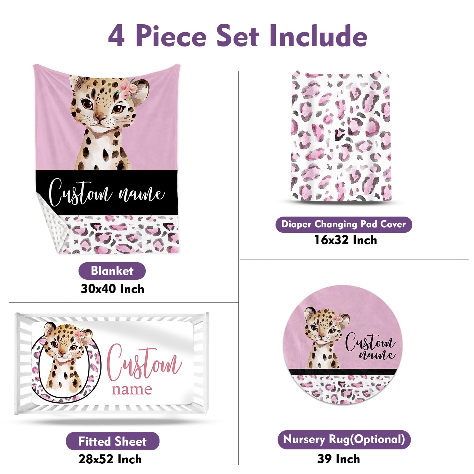 HSHRYY Custom Name Girl Crib Bedding Set for Infant Baby, Personalized Nursery Decor Baby Blanket Fitted Crib Sheet Changing Pad Cover Room Rug 4 Pcs, Pink Leopard Theme