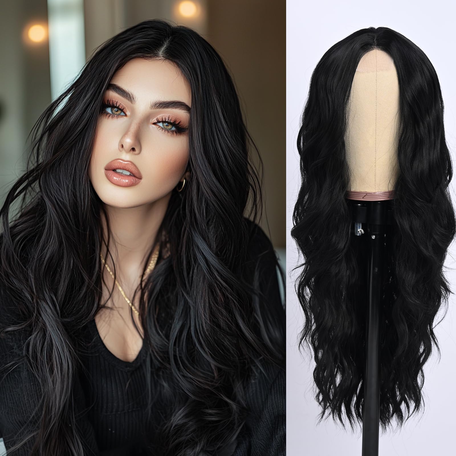 SeclitWu Long Black Wave Wig for Women Middle Part Wavy Wigs Natural Looking Synthetic Heat Resistant Fiber Wig for Party Daily Use (26 Inch)