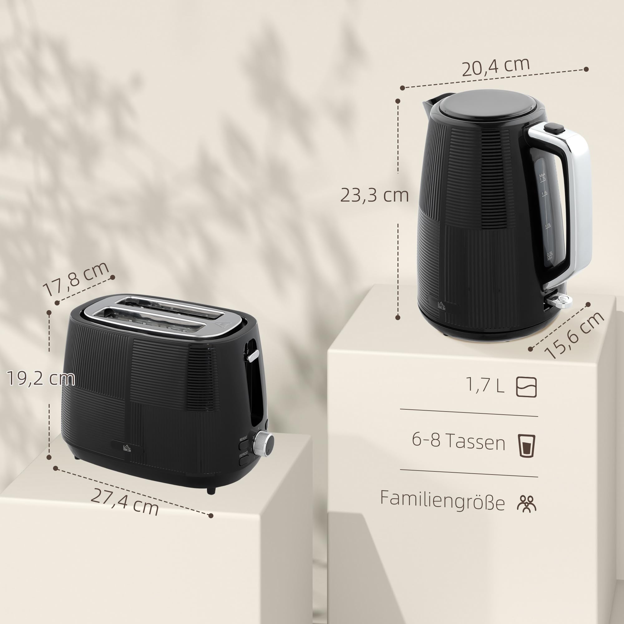 HOMCOM Bouilloire électrique Set grille-pain 2200 W 1,7 litre Bouilloire électrique Double fente Set petit-déjeuner avec filtre anticalcaire, 7 niveaux de torréfaction, fonction décongélation &