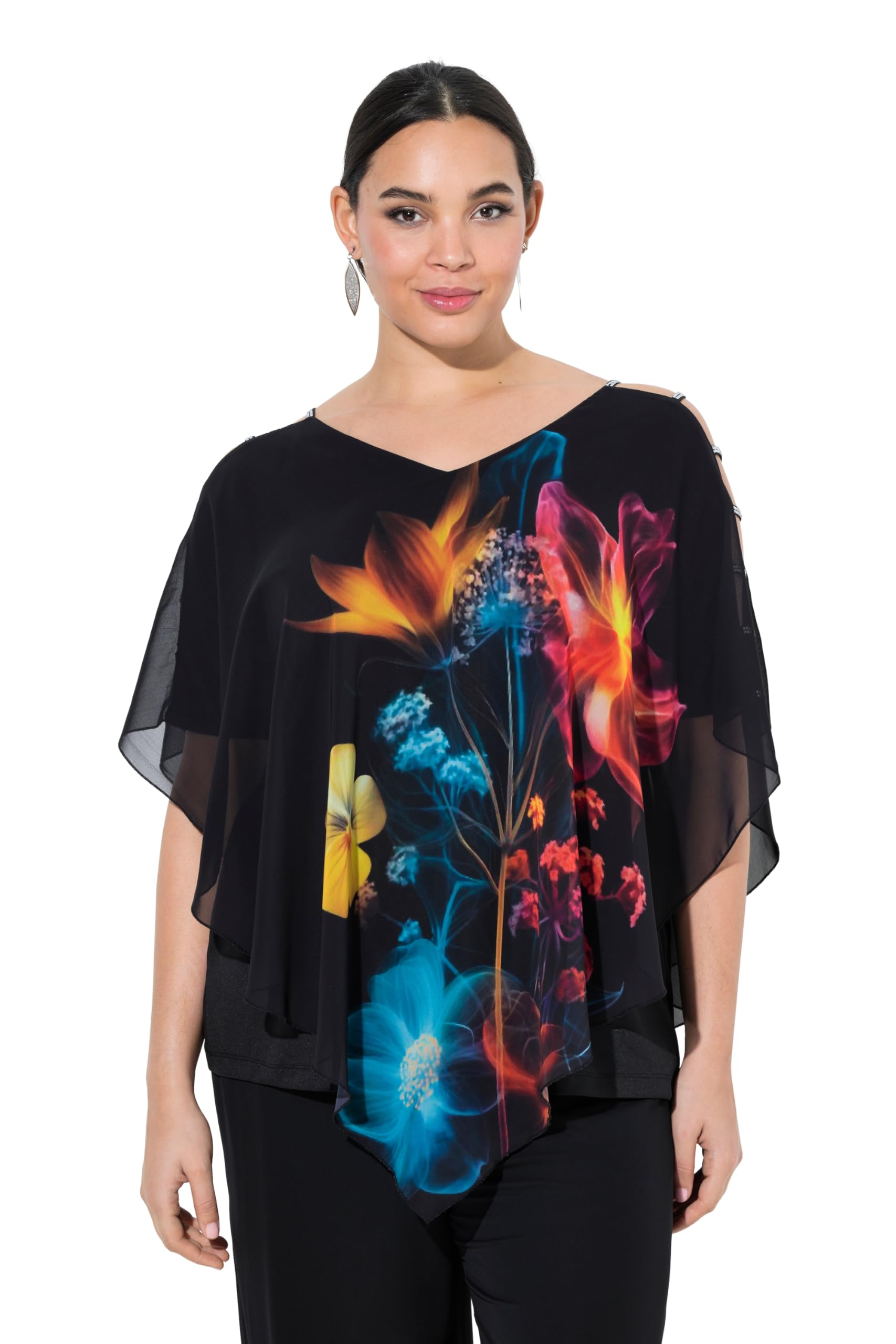 Ulla Popken Damen große Größen Übergrößen Plus Size Chiffonbluse, Blüten, doppellagig, V-Ausschnitt, Halbarm 847937