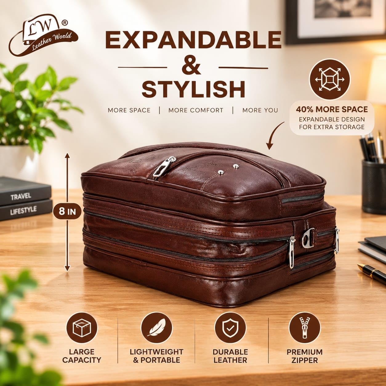 Leather World Vegan Leather 15.6 Inch Laptop Office Briefcase Messenger Bag Satchel for Men and Women, with Adjustable Strap and Expandable Bottom — Amazon image 6