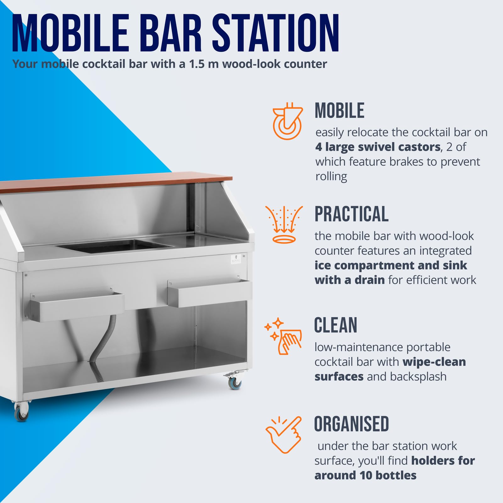 Royal Catering Cocktailbar mit Eisbehälter Flaschenhalter Becken mit Ablauf und 150 cm Anrichte in Holzoptik Cocktailtheke Cocktail-Theke Barschrank Bar-Zubehör Cocktail-Zubehör Barwagen Theke Bar