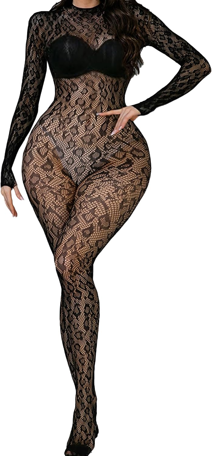 Women Sexy Lingerie Bodysuit Fishnet Bodystocking Leopard Jumpsuit Rave Outfits One Piece Bodydoll Plus Size