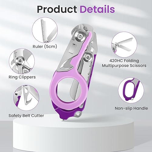 Miniatura 4 de JUNWUXY Tijeras de trauma, tijeras de emergencia 6 en 1, tijeras médicas plegables con cortador de correa y rompecristales, herramientas de rescate