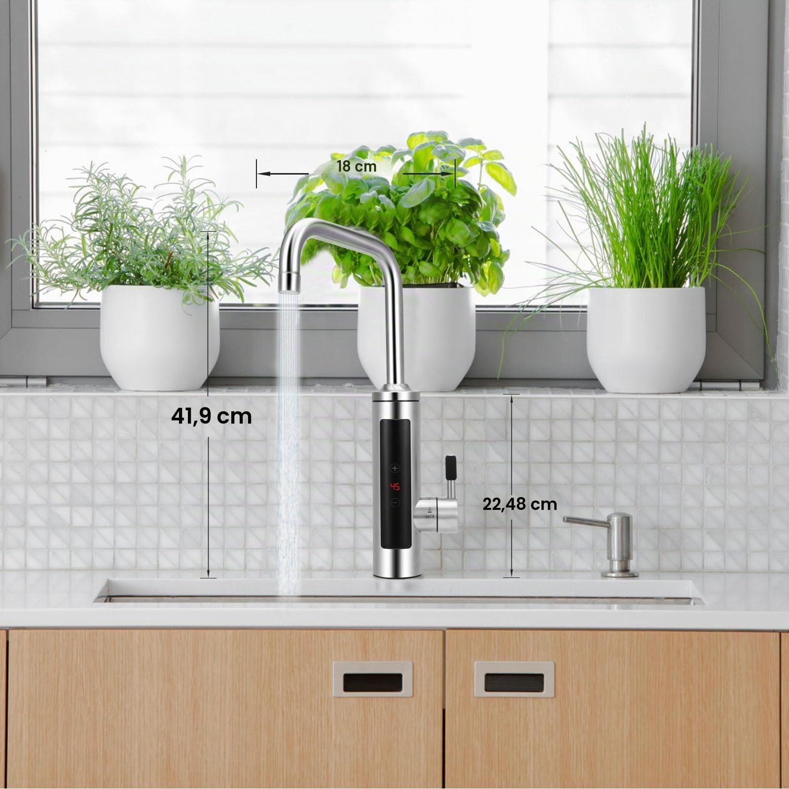 Grifo eléctrico con calentador de agua de 230 V, 3000 W, grifo eléctrico de acero inoxidable con indicador de temperatura LED, giratorio 360°, grifo de agua caliente con calentador de agua instantáneo
