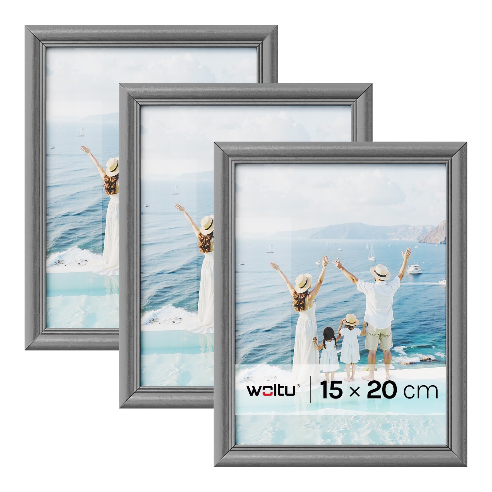 WOLTU Bilderrahmen 15x20 cm Grau, 3er Set Fotorahmen aus Massivholz und PS-Platte, Holzrahmen mit Passepartout, zum vertikalen oder horizontalen Aufhängen/Aufstellen, Posterrahmen Collage Wanddeko