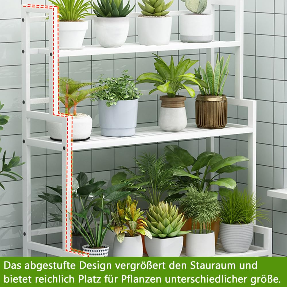 Soporte para plantas de metal, 3 niveles, gran capacidad, estantería para plantas con 4 ruedas, estantería multifuncional para flores para exterior, interior, balcón, jardín, salón (blanco)