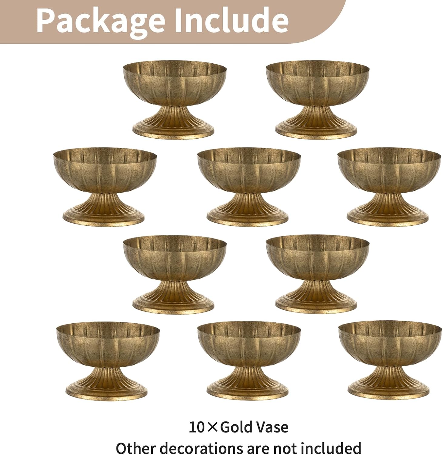 NUPTIO Gold Compote Vase for Centerpiece: 8.5" Wide Short Pedestal Footed Bowl for Flowers - Distressed Brass Urn for Decorative Wedding Table Set of 10