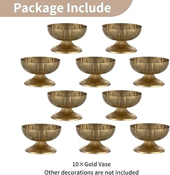 NUPTIO Gold Compote Vase for Centerpiece: 8.5 Wide Short Pedestal Footed Bowl for Flowers - Distressed Brass Urn for Decorative Wedding Table Set of 10