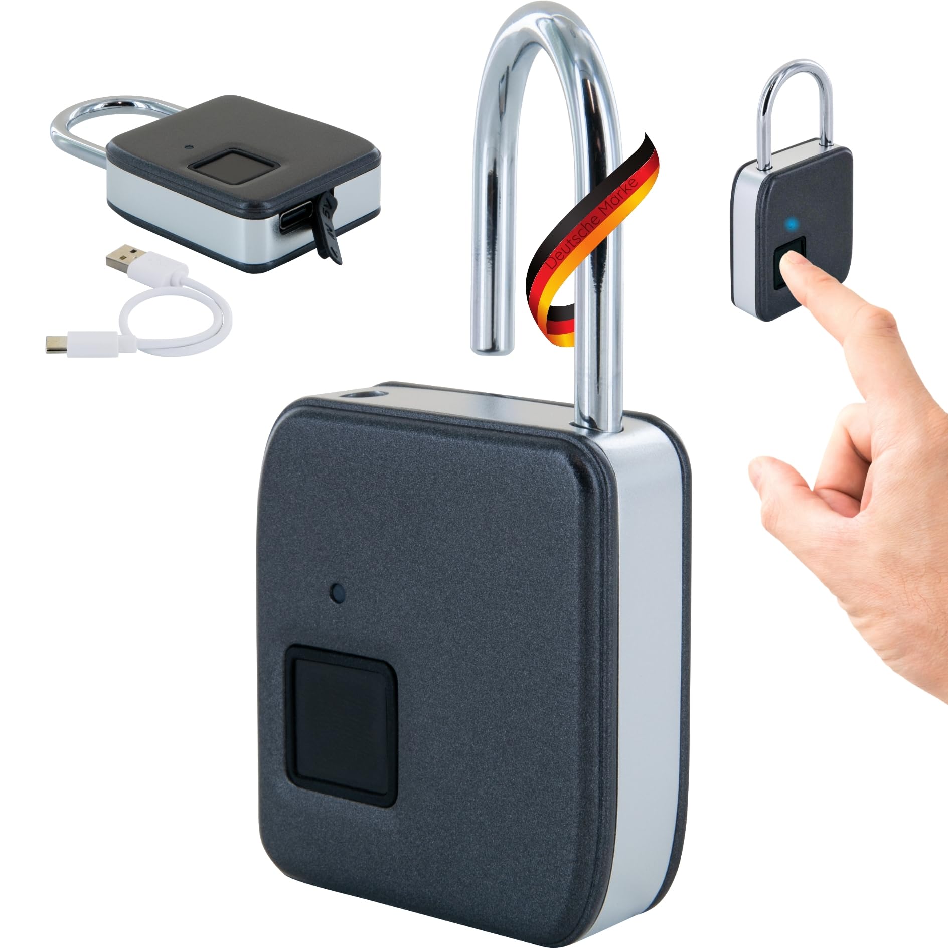 SCHWAIGER 715941 Fingerabdruck Schloss Smart Vorhängeschloss Elektronisches Bügelschloss Fingerprint wasserdicht zinklegiert USB-C aufladbar inkl. USB-C-Kabel