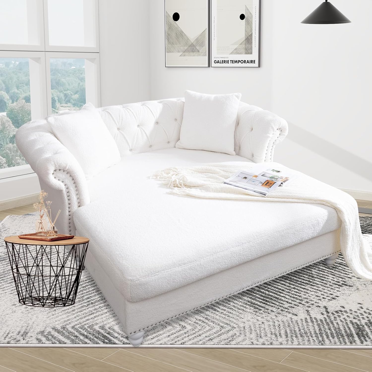 Chesterfield Chaise Lounge Indoor, Tufted Upholstery Sofa Bed, with Two Pillows, Sleeper Chair 62.99" for Bedrooms & Living Rooms (White)