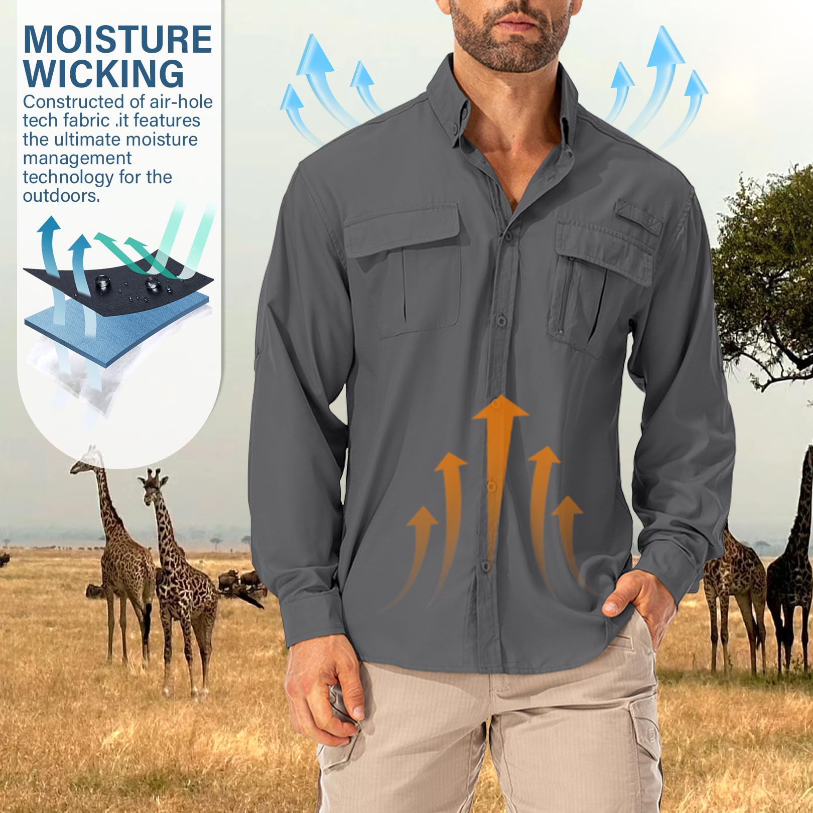 Chemise pour homme UPF50+ Chemise UV à manches longues Chemise respirante boutonnée Chemise fonctionnelle Chemise de plein air Sport Loisirs Chemise de pêche pour homme