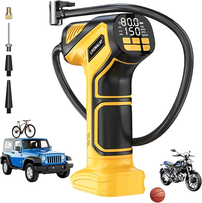 Tire Inflator Portable Air Compressor Compatible With Dewalt 20V Battery, LIVOWALNY 150PSI Air Pump Cordless Tire Pump Digital Pressure Gauge, Tire Inflator for Car, Bike, Motorcycle (Tool Only)