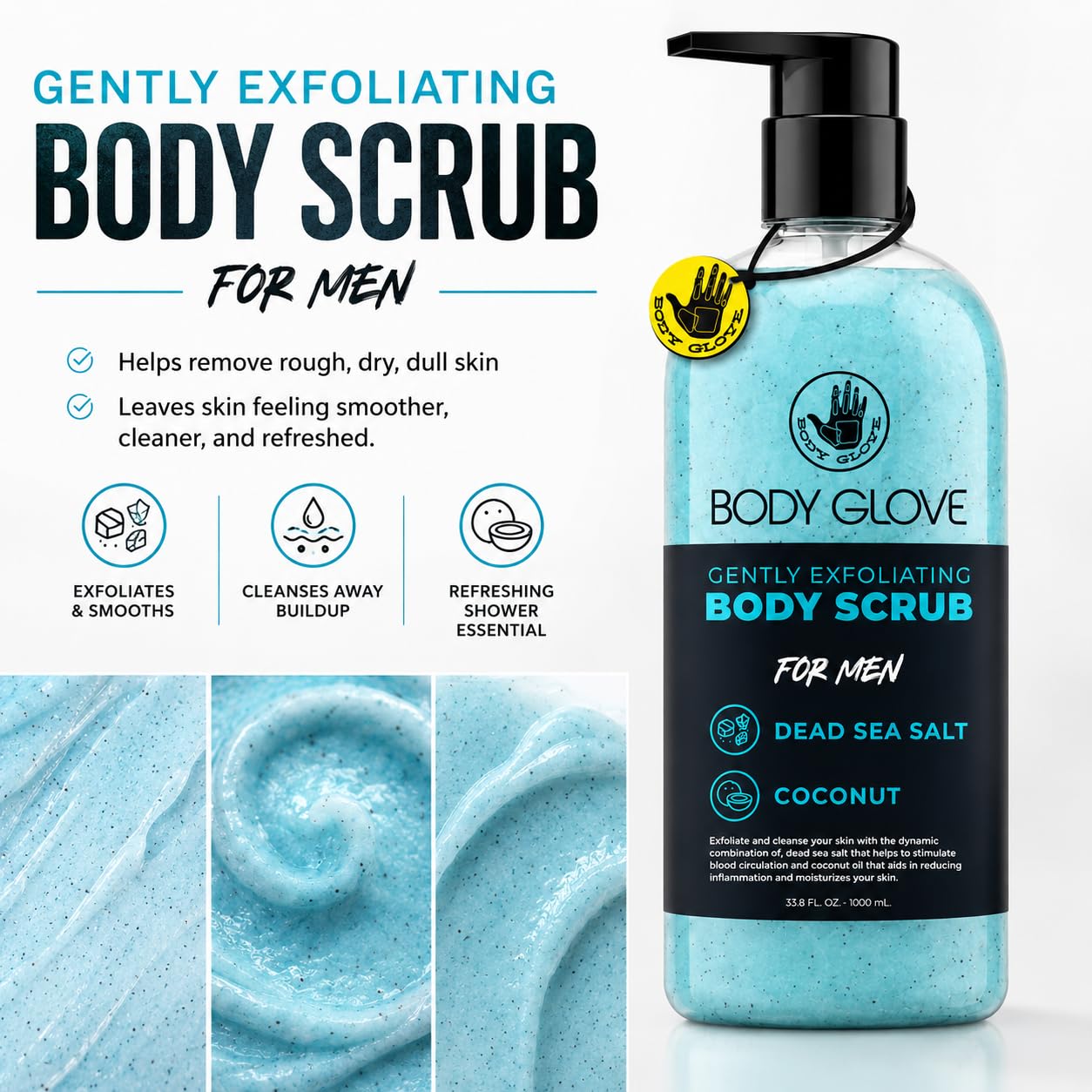 Body Glove Exfoliating Body Scrub for Men, Dead Sea Salt & Coconut Body Exfoliator Scrub, Pump Bottle, Gently Exfoliating Body Scrub for Shower, 33.8 fl oz / 1000 mL