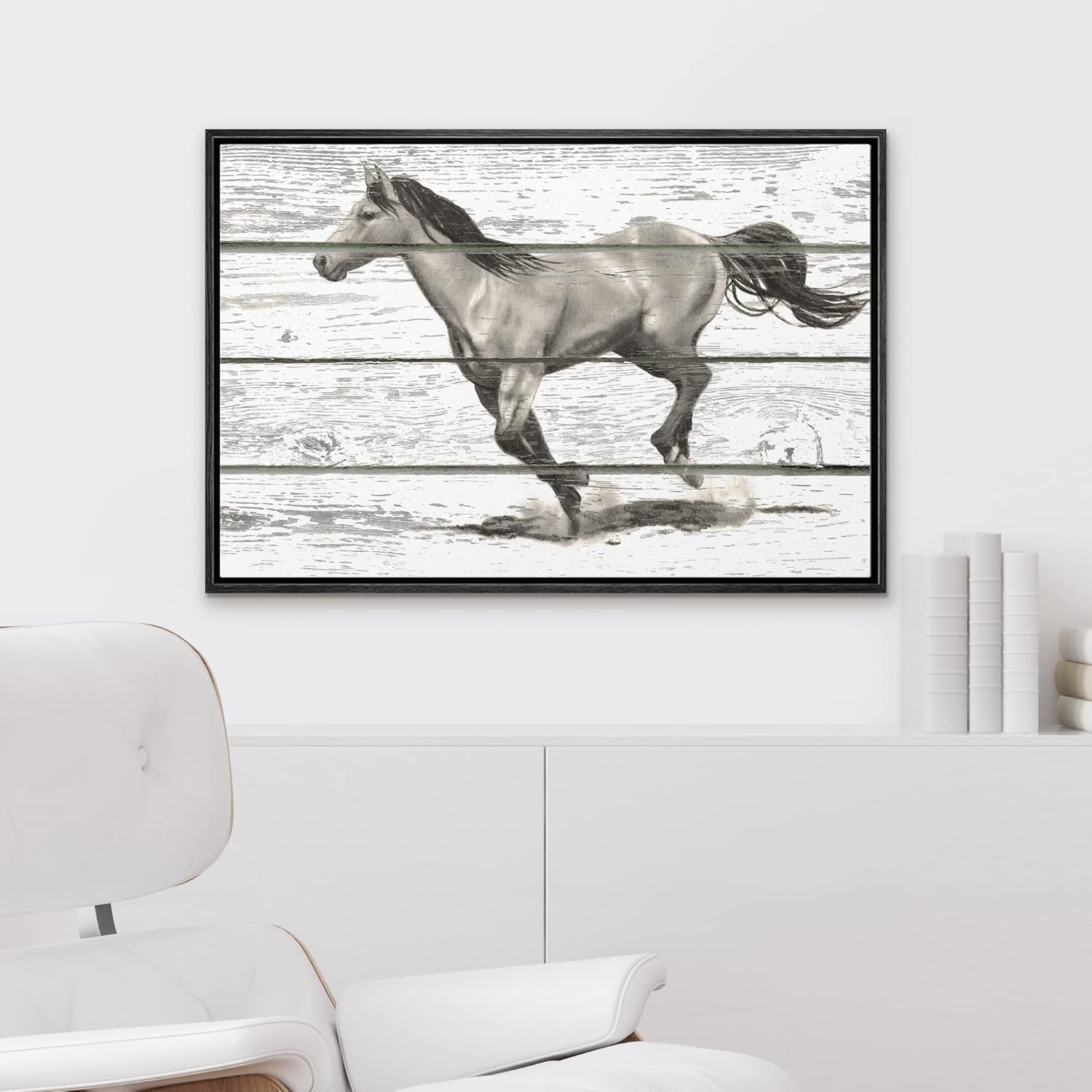 wall26 - A Horse Running Along The Path On a Wooden Textured Background - Framed Canvas Art Home Art - 24"x36" Black