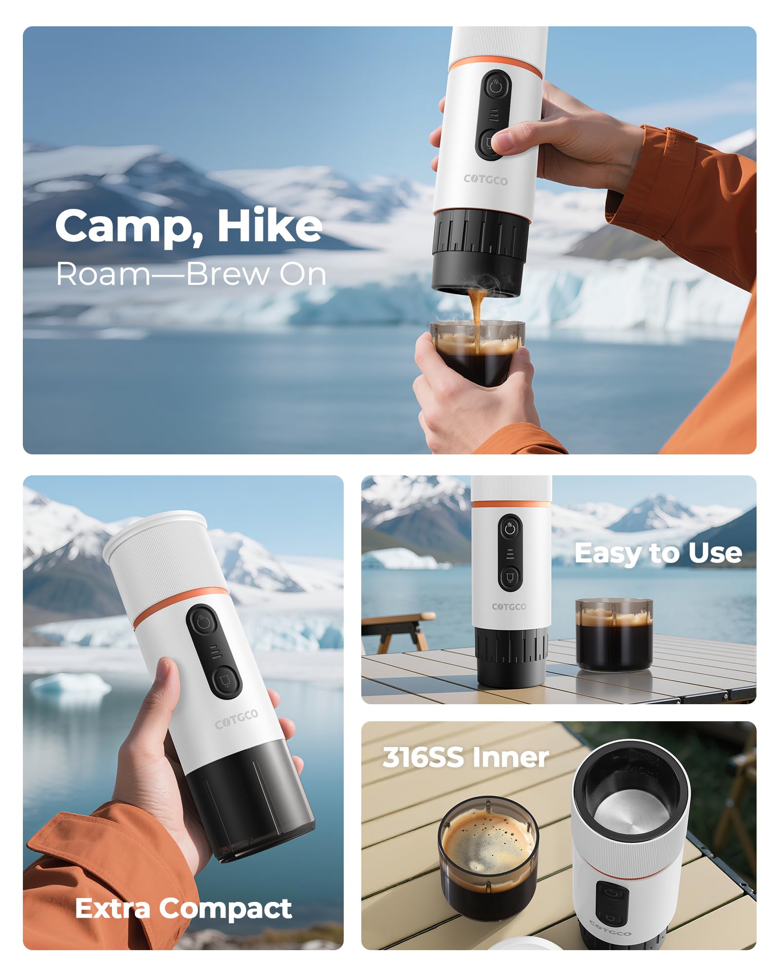Macchina per caffè Espresso Portatile : Macchina da caffè Portatile a Batteria per viaggi in Campeggio - Riscaldamento Rapido in 2,5 inuti - 8 Tazze di Caffè Espresso per una Carica - Bianco