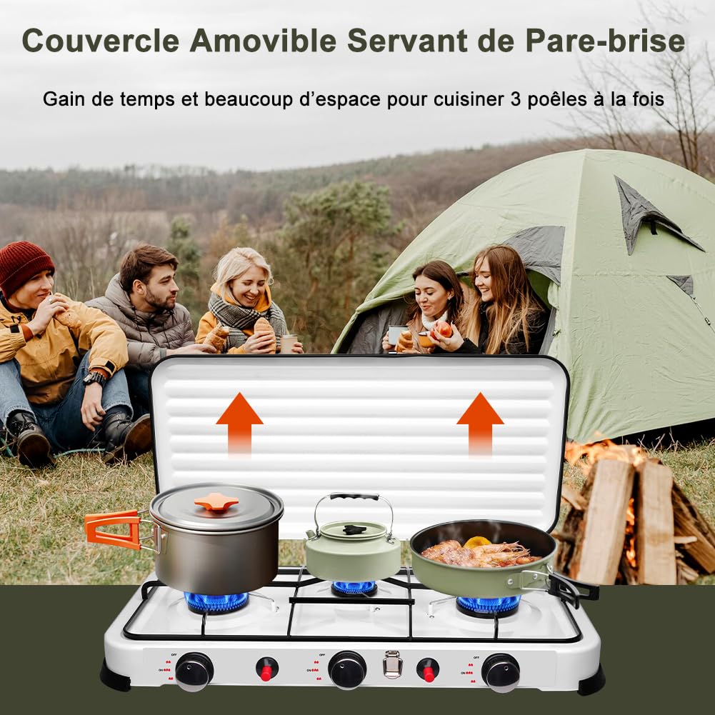Réchaud de Camping 3 Feux 5.4kW Auto Allumage Piézo avec Tuyaux 150 cm et Régulateur 37 mbar Blanc