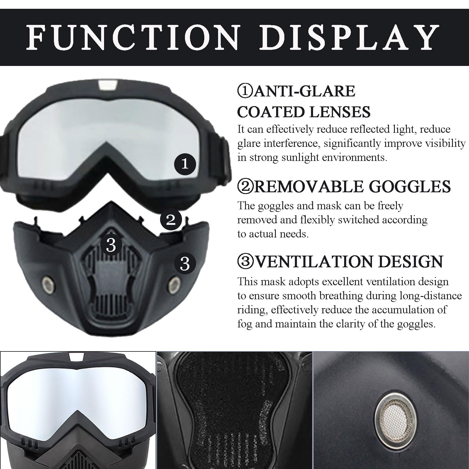 Motorradbrille für Brillenträger, Motorradhelm Reitbrille Winddicht Nebelfest Abnehmbare Staubschutz Motorcycle Maske für Radsport, Geländerennen