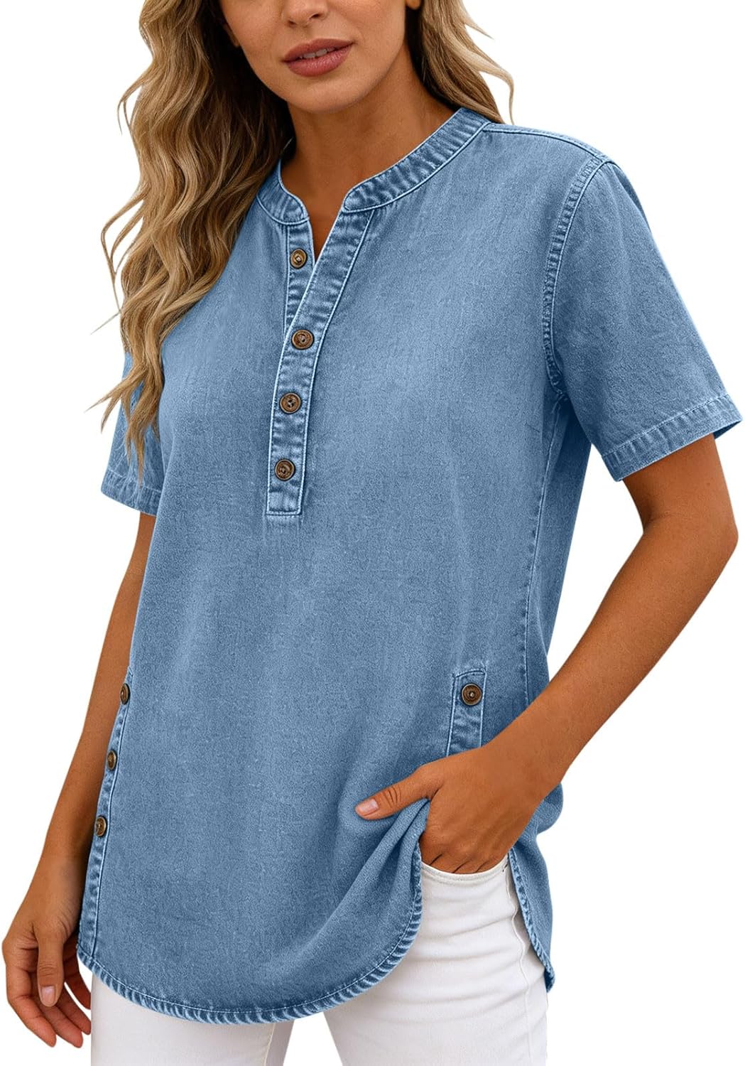 Womens Denim Henley Shirts Button Up V Neck Short Sleeve Tunics Blouses Casual Loose Fit Side Split Button Jean Tops