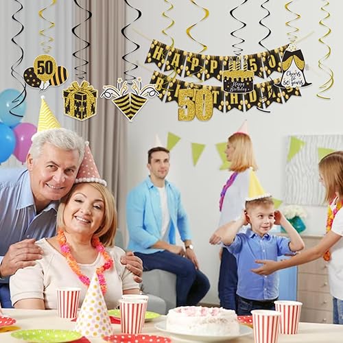 Miniatura 6 de Juego de pancarta de feliz cumpleaños 50 con serpentinas Cartel de cumpleaños negro dorado con purpurina, decoraciones de fiesta de cumpleaños 50