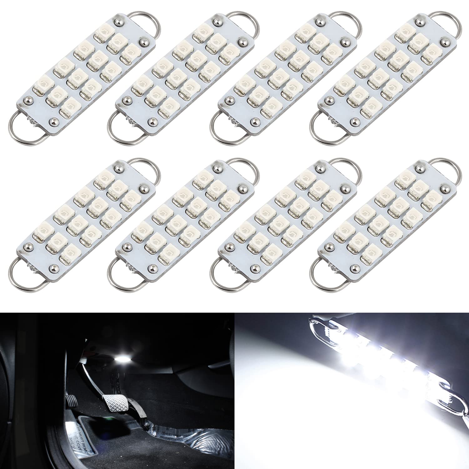 SAWE44mm 12-SMD 3528 Festoon LED Bulbs For Car Side Door Courtesy Rigid Loop 1.73" LED Light Bulbs 561 562 567 (8 pieces) (White)