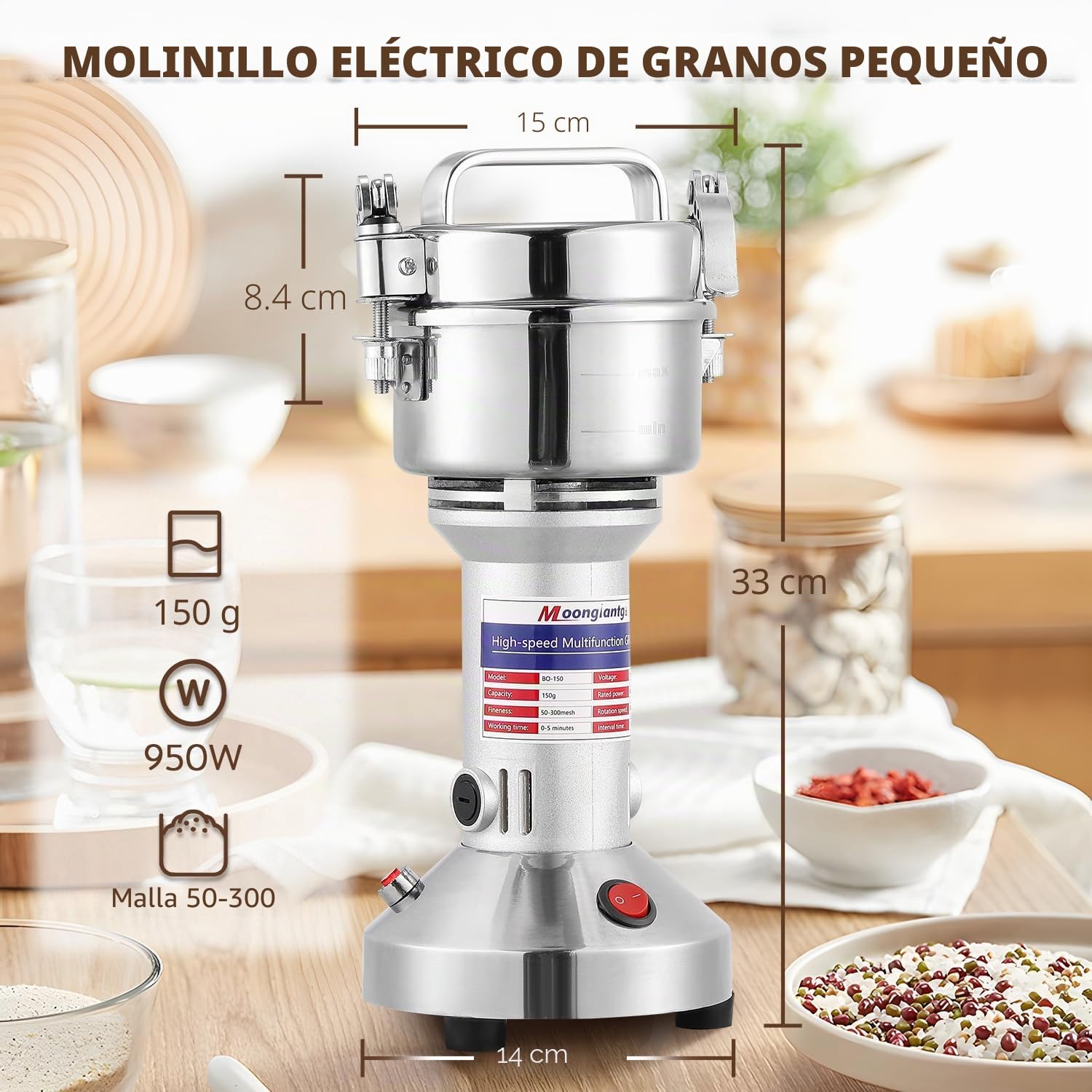 Moongiantgo Molino de Cereales Eléctrico 150g Molinillo de Grano y Especias Acero inoxidable, 950W 28000RPM Motor Comercial & 30s Molienda Superfina de Alta Velocidad, para Cereal/Hierba/Especia/Nuez
