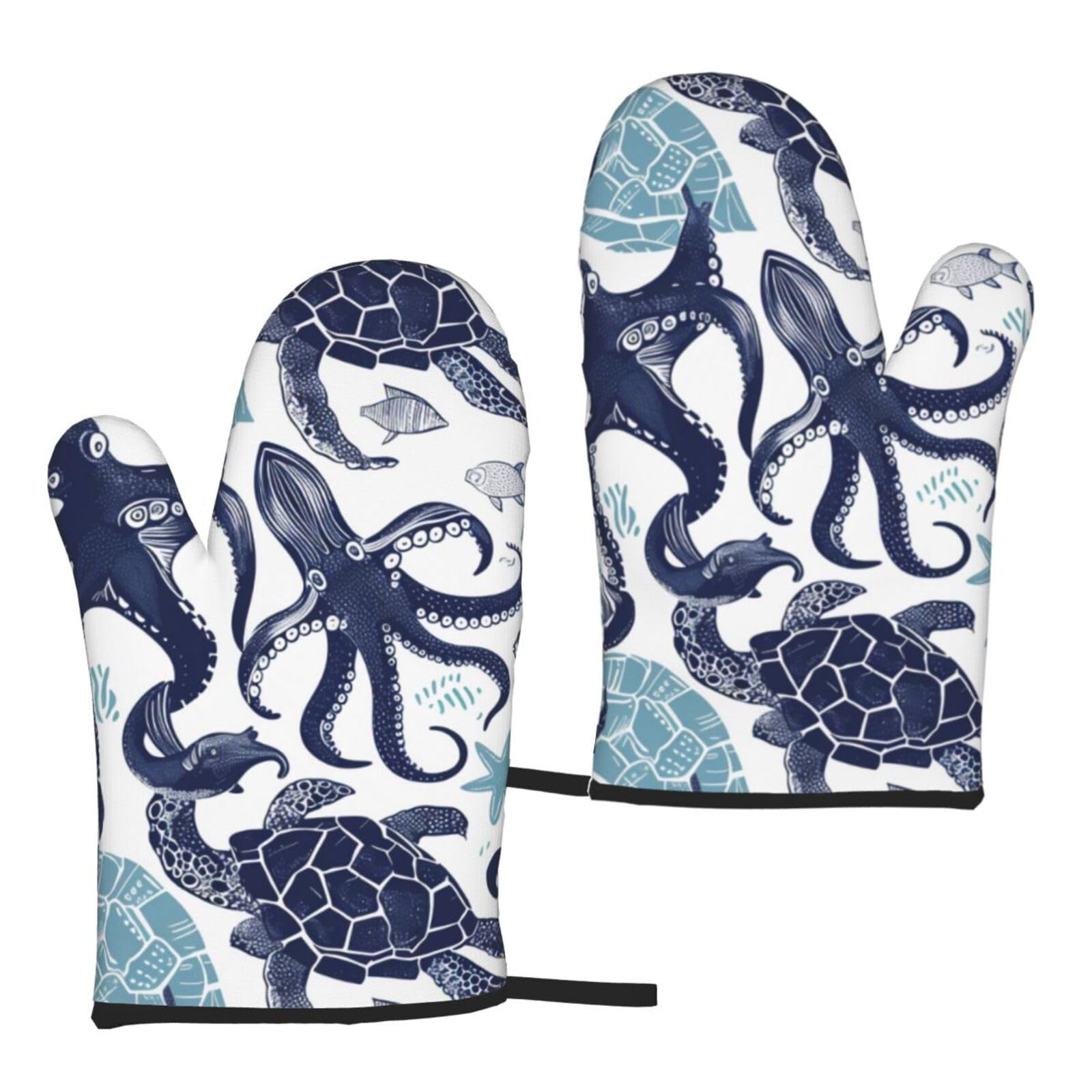 Turtle Octopus Pattern Sea Theme Printed Oven Mitts 2 Pcs - Heat Resistant Kitchen Oven Gloves For Cooking Baking Grilling