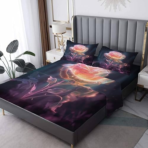 Miniatura 1 de Juego de sábanas de rosas tamaño Queen, sábanas de plantas florales, sábanas y fundas de almohada estampadas de 4 piezas, sábana bajera ajustable de