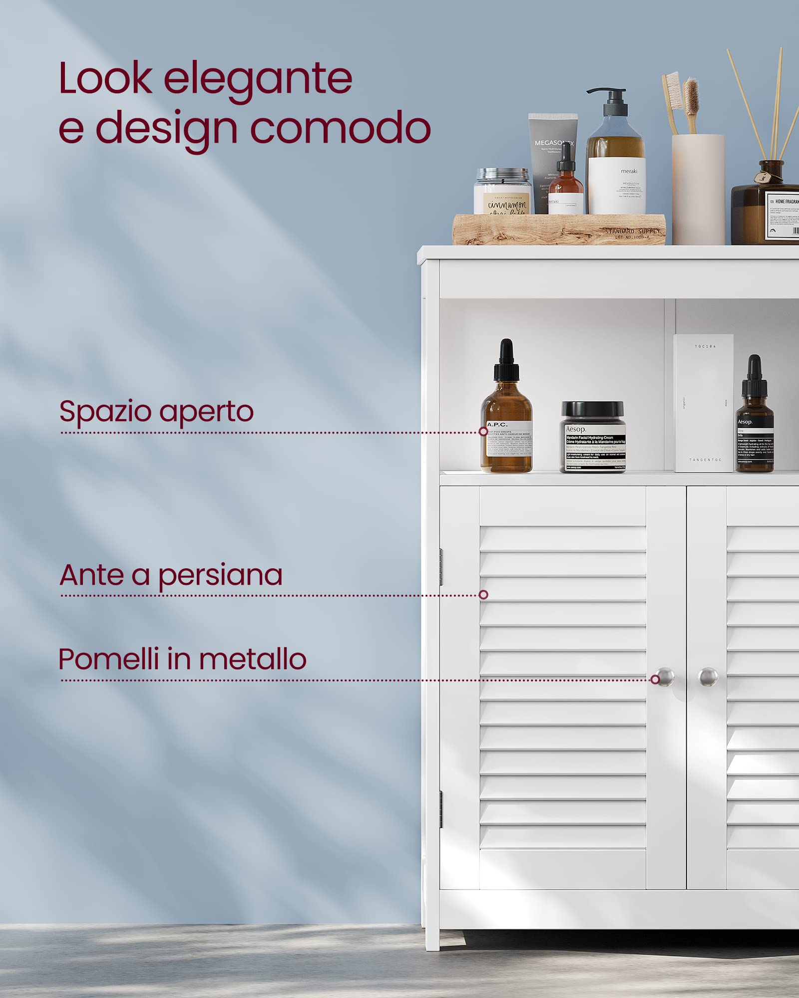VASAGLE Mobile da Bagno, Mobiletto da Bagno e Cucina, Armadietto con Anta Doppia a Persiana, 30 x 60 x 80 cm, Bianco BBC40WT