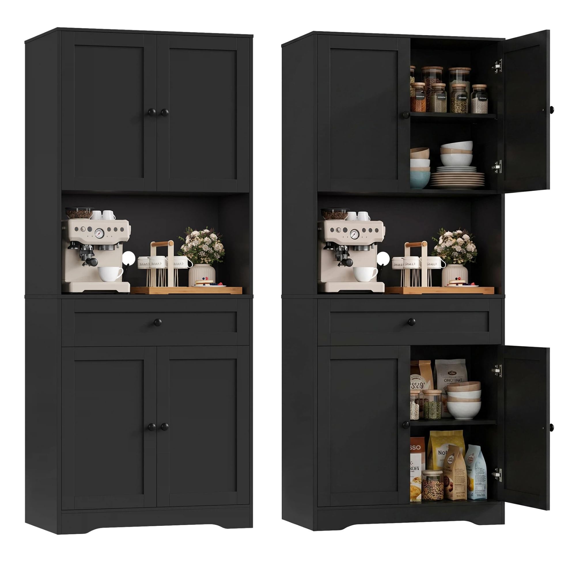FOREHILL Credenza Cucina Alta 180CM, Mobile Dispensa Cucina con 4 Ante, Credenza Alta con Ripiani Regolabili e Grande Cassetto, Per Cucina, Bagno, Soggiorno, 75x40x180cm (Nero)