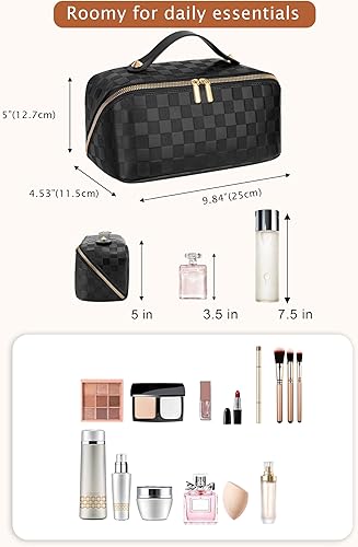 Miniatura 4 de Bolsa de cosméticos de gran capacidad para viajes - Bolsa portátil de maquillaje para mujeres, organizador de piel sintética impermeable con