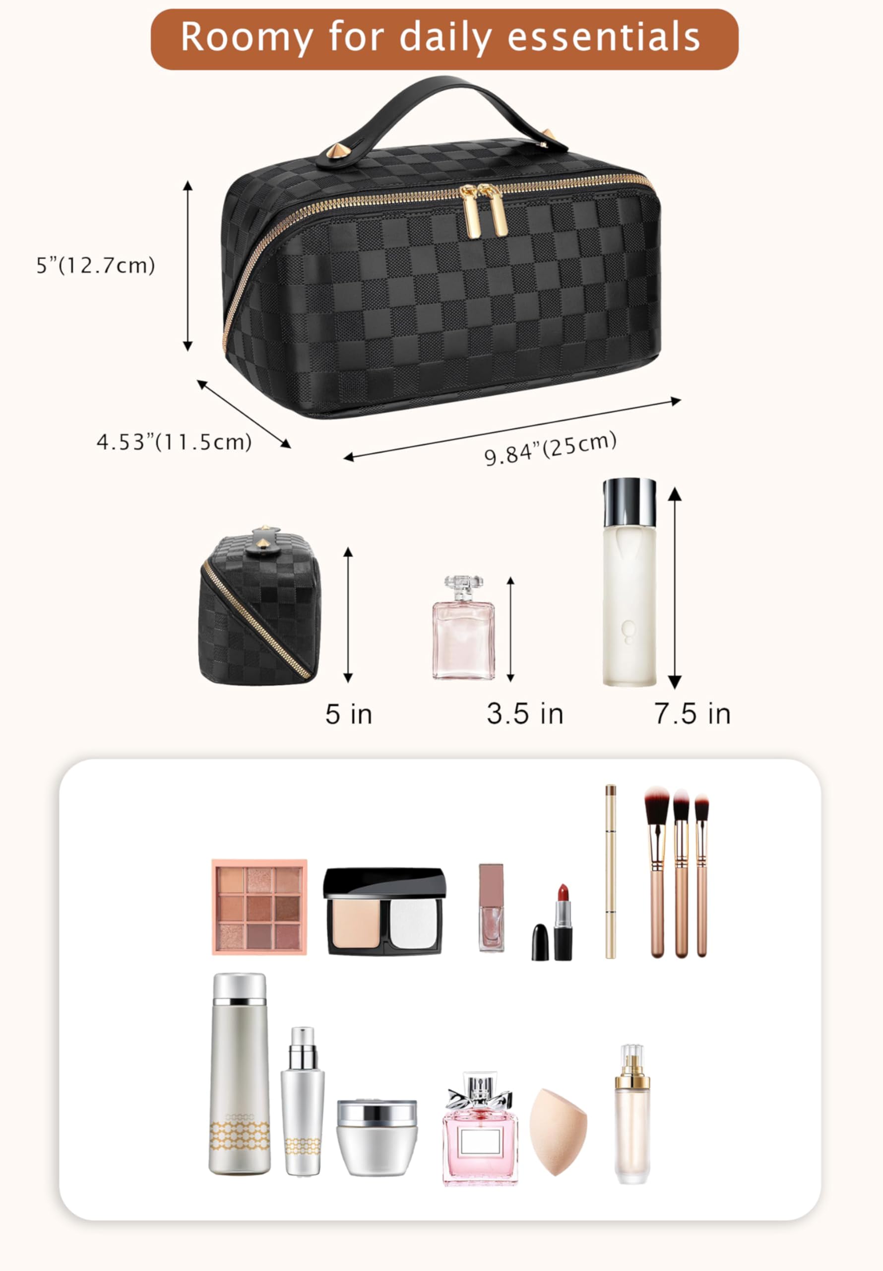 Bolsa de cosméticos de Viaje de Gran Capacidad, Bolsas de Maquillaje portátiles para Mujer, Impermeable, de Piel sintética, a Cuadros, Organizador de Maquillaje con separadores y asa, Bolsa de Aseo