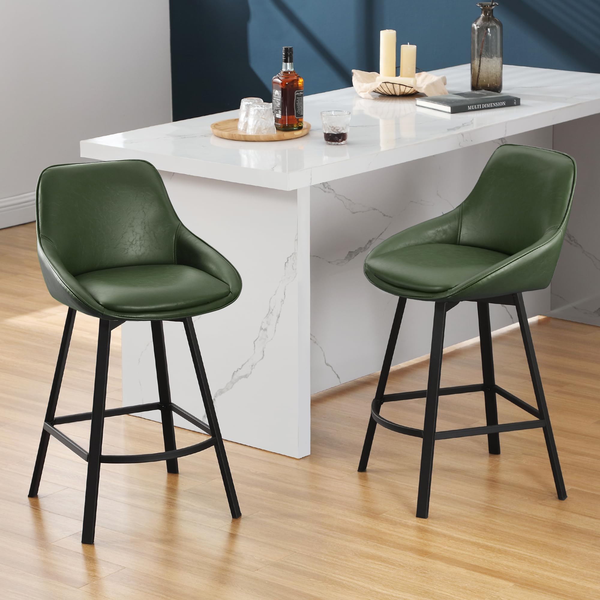Flouki Swivel Counter Stools Set of 2, Green Bar Stools for Kitchen Island, Modern Faux Leather Counter Height Bar Chairs, Metal Base