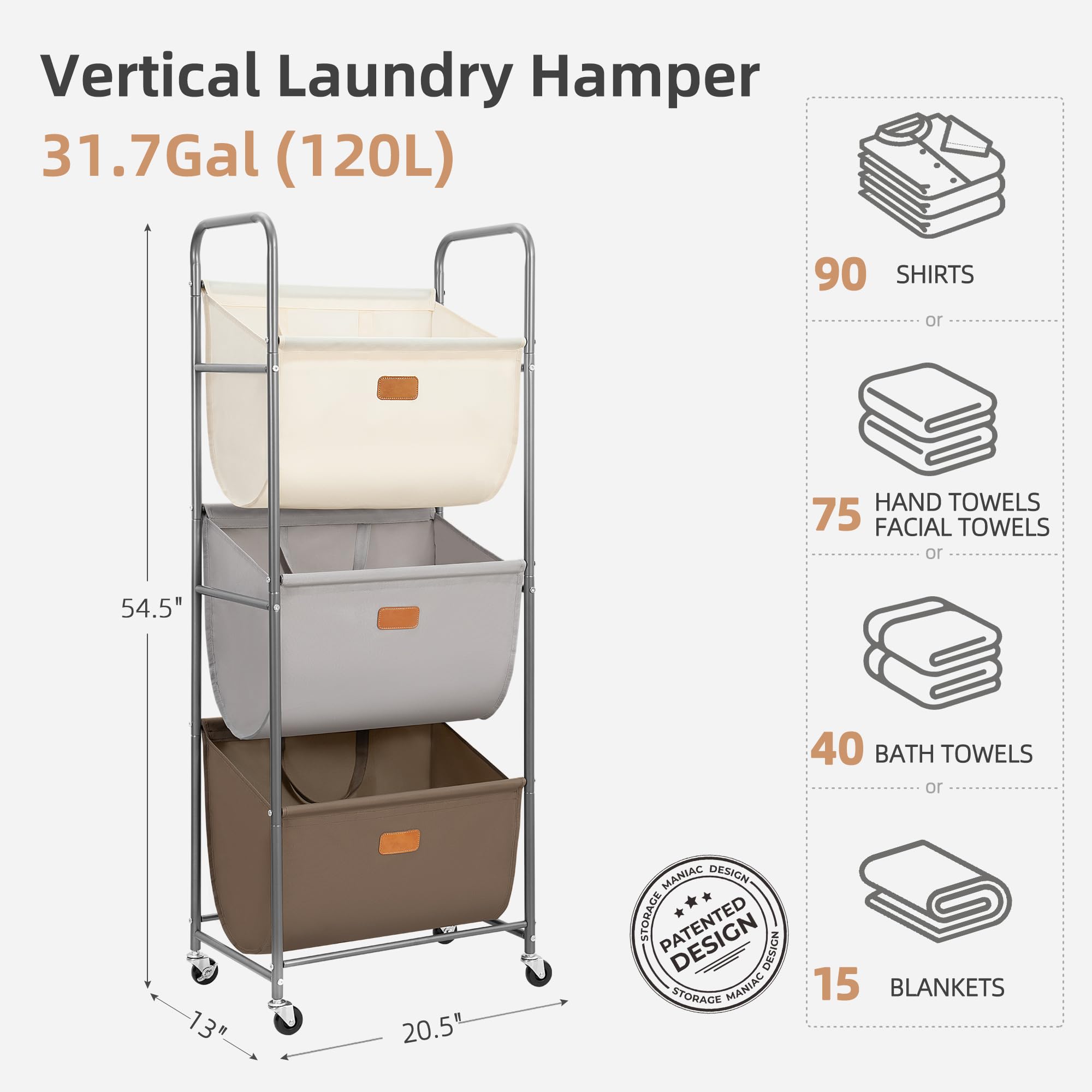 STORAGE MANIAC Cesta de lavandería vertical con ruedas de 120 litros, clasificador de ropa sucia de 3 secciones con ruedas y 2 roturas, cestas de lavandería de 3 niveles para espacios pequeños